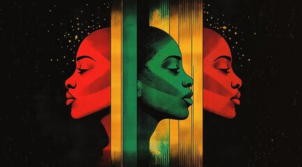two facing human profiles framed by vertical green and gold bars and glowing red and green rectangles against a dark starry textured backdrop, contemplative tension
