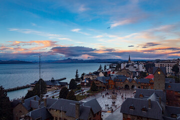 Fototapeta premium sunset in the city San Carlos de Bariloche, Civic Center, Patagonia Argentina glacial lake Nahuel Huapi