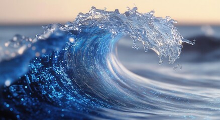 close-up curling ocean wave with sparkling blue water, flying droplets and warm horizon conveying dynamic exhilarating motion