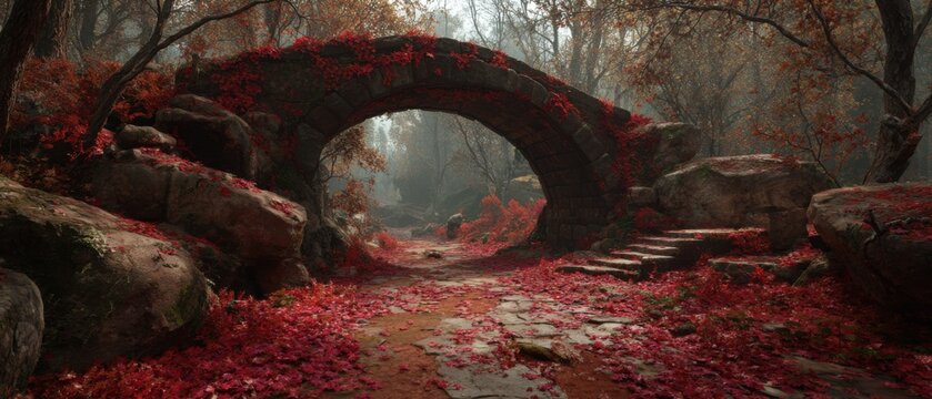 Serene autumn forest scene with stone arch bridge and vibrant red foliage in a misty atmosphere