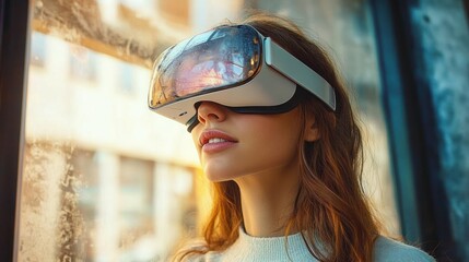 young woman wearing a virtual reality headset indoors by a window, gazing with curiosity and contemplative wonder
