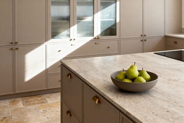 Naklejka premium Minimal kitchen island with stone bowl of pears