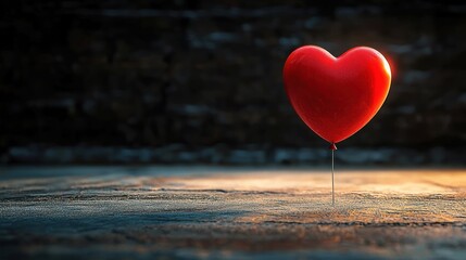 Obraz premium solitary red heart-shaped balloon tethered to textured pavement, bathed in warm evening light, evoking quiet hope and gentle loneliness