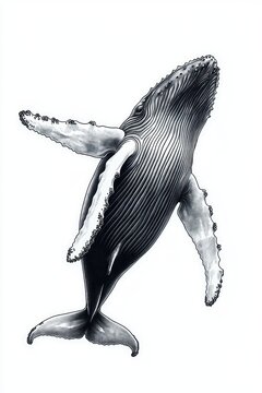monochrome humpback whale with ribbed throat grooves, barnacled pectoral fins and tail fluke, gracefully ascending with serene majestic presence