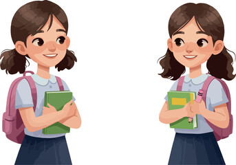 Two Smiling Young Girls In School Uniforms Holding Books And Backpacks