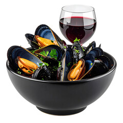 Steamed mussels in a white wine and garlic broth on a dark bowl and a clean white studio backdrop
