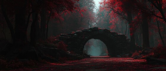 Enchanted Forest Pathway with Mossy Stone Bridge Surrounded by Vivid Red Leaves and Misty Atmospheric Conditions