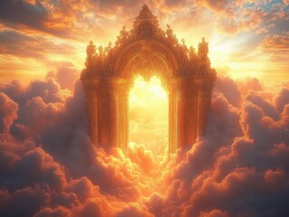 Ornate golden archway floating in glowing clouds at sunset, a majestic heavenly gateway radiating warm light and inspiring awe