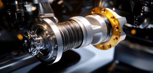 Fototapeta premium Close-up of polished metallic mechanical coupling with flexible bellows, gold flange and bolts, sleek high-tech precision and engineered clarity