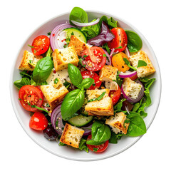 Fresh tuscan panzanella salad ingredients perfectly isolated on a pure white background for summer recipe blogs and menus