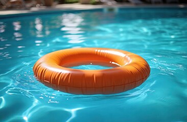Orange inflatable swim ring floating on clear blue swimming pool water with sunlight reflections, gentle ripples and a relaxed summery mood
