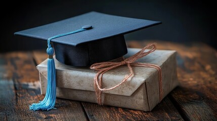 graduation cap with blue tassel resting on a twine-tied wrapped gift box on a rustic wooden table, evoking pride, celebration and hopeful anticipation