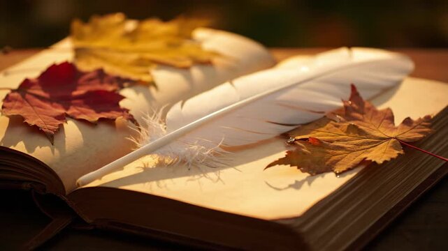 Open book with colorful autumn leaves and white feather on pages