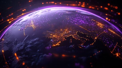 Futuristic glowing Earth from orbit with orange city lights and purple digital network connections, vibrant and awe-inspiring global connectivity