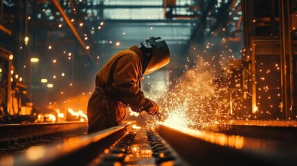 Welder in protective suit sparks flying as they grind railroad tracks in a dim industrial foundry, focused determination and intensity