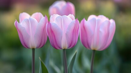 Fototapeta premium Three delicate pale pink tulips with soft white edges on slender green stems against a blurred garden background, evoking serene springtime beauty