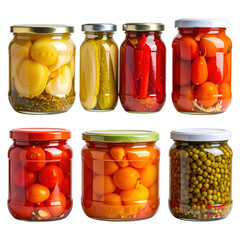 Assortment of colorful pickled vegetables perfectly isolated on a pure white background for gourmet deli and sandwich concepts