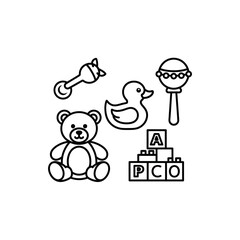 A collection of classic baby toys drawn in a simple black and white line art style, including a teddy bear, rubber duck, rattles, and alphabet blocks.