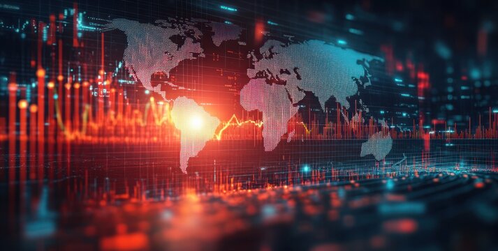 glowing world map overlaid with red and blue financial charts and candlestick graphs conveying volatile global markets and urgent high-tech data flow