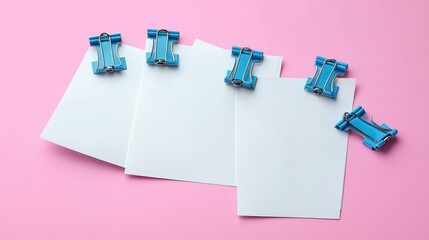 overlapping blank white sheets secured with bright blue binder clips on a pink background conveying a playful tidy minimalist office mood
