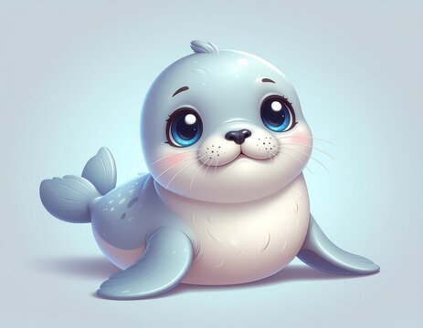 A cute baby blue seal mascot character vector illustration with a funny happy smile drawing isolated on white for a fun comic animal icon