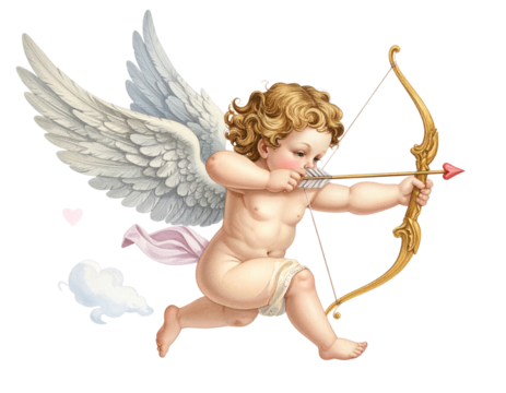 “Vintage Cupid Shooting Arrow, Romantic Valentine Illustration, PNG Isolated”