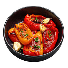 Tender roasted peppers marinated with garlic and olive oil on a dark plate, isolated as a versatile appetizer