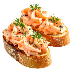 Single salmon mousse crostini canap� with a delicate garnish perfectly isolated on a pure white background for menus