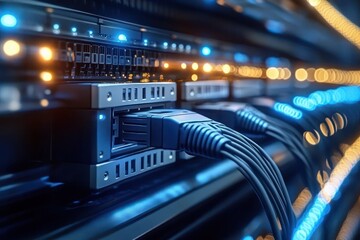 Naklejka premium Close-up of thick network cables and rectangular connectors plugged into rack switches, illuminated by blue and amber LEDs, conveying high-tech connectivity, speed and precision