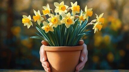 Hands gently holding a terracotta pot of bright yellow daffodils against a warm blurred background, evoking tender spring joy