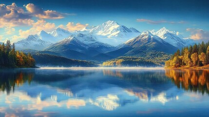 snow-capped mountain range towering above a glassy lake reflecting peaks and clouds, flanked by autumnal pine forests under a clear blue sky, peaceful and serene