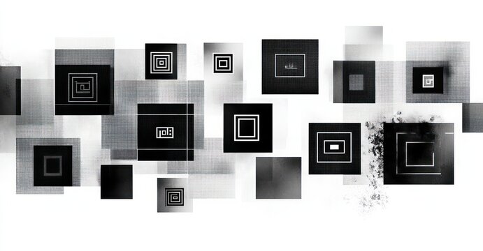 Monochrome abstract composition of overlapping translucent rectangles and nested black concentric squares with textured grain and smudged marks, evoking a contemplative minimalist mood