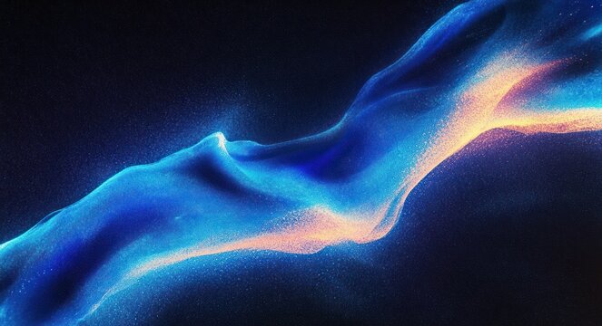 Ethereal flowing ribbon of luminous blue and warm orange particles sweeping across a dark starry background, serene and dynamic