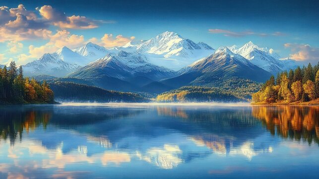 snow-capped mountain range towering above a glassy lake reflecting peaks and clouds, flanked by autumnal pine forests under a clear blue sky, peaceful and serene