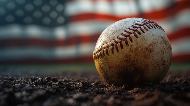 Sunlit worn baseball resting on dusty infield dirt with blurred waving American flag in background, evoking nostalgic pride and patriotism