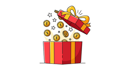 Single Vector Icons of Surprise Gift Box Overflowing with Golden Coins and Stars. EPS Editable