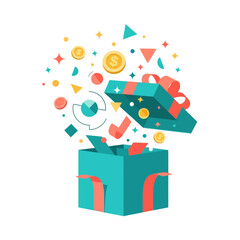Single Vector Icons of Surprise Gift Box Exploding with Financial Symbols and Geometric Shapes. EPS Editable