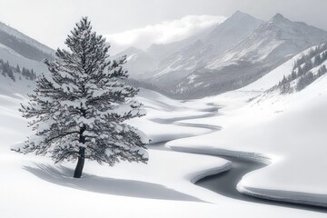 Solitary snow-covered pine beside a winding partially frozen river in a serene misty mountain valley