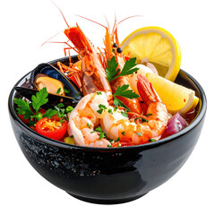 Chilled seafood cocktail with shrimp and sauce in a dark bowl, a classic and refreshing appetizer or starter dish
