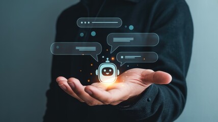 Digital assistant technology manifests as a glowing icon hovering above an open human hand