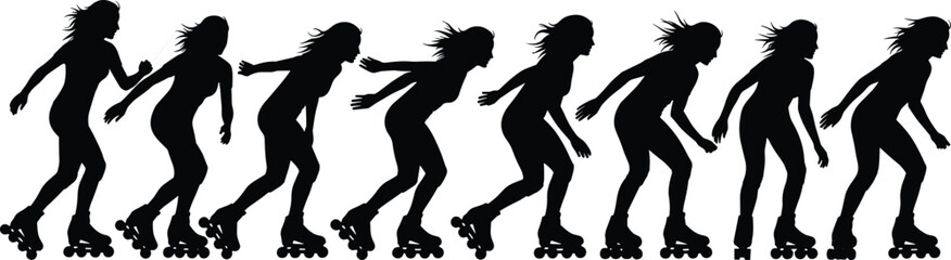 Rollerblading Sequence Silhouette Vector Set; Woman Inline Skating Movement Stages, Representing Fitness, Sports, Exercise, Urban Leisure, and Active Lifestyle Graphic Progression.Rollerblading Se