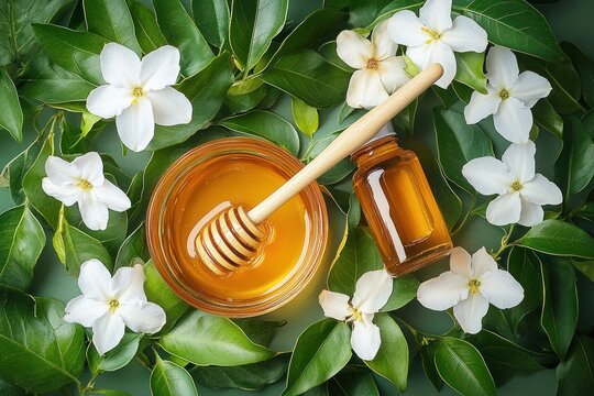 glass jar of golden honey with wooden dipper and small amber bottle surrounded by white blossoms and glossy green leaves, evoking natural calm and sweetness