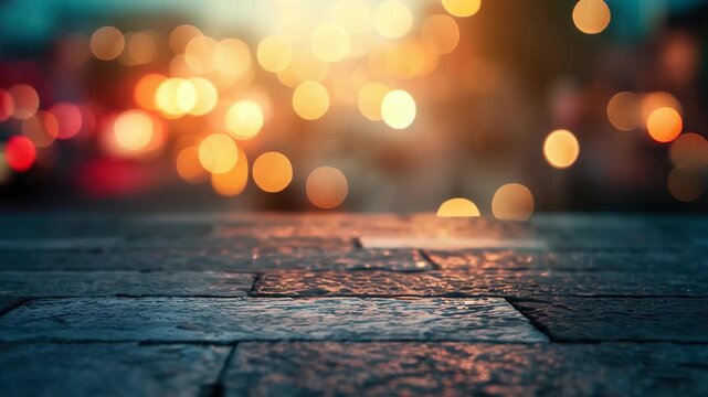Bokeh lights and blurry background with focus on cobblestone pavement