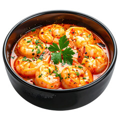 Shrimp saganaki in tomato feta sauce on a dark bowl, isolated on white background a flavorful greek seafood appetizer or meze