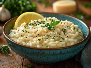 Creamy risotto in a blue ceramic bowl topped with parsley, grated parmesan, cracked black pepper and a lemon wedge on a wooden table, warm and inviting homemade comfort food