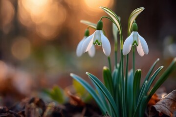 Delicate white snowdrop flowers with green markings rising from leaf litter on a forest floor at golden hour, serene hopeful early spring scene