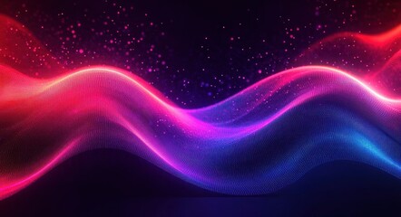 Glowing neon undulating particle waves in pink, purple and blue over a dark background, sparkling with tiny stars, conveying dynamic futuristic and mesmerizing energy