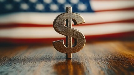 golden dollar sign standing on wooden surface with blurred american flag in background, evoking prosperity and patriotic confidence
