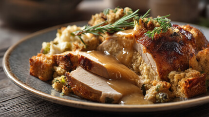 Close up of sliced turkey with stuffing and gravy on a plate with rosemary sprig