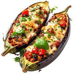 Single savory stuffed eggplant boat with a colorful filling perfectly isolated on a pure white background for food blogs